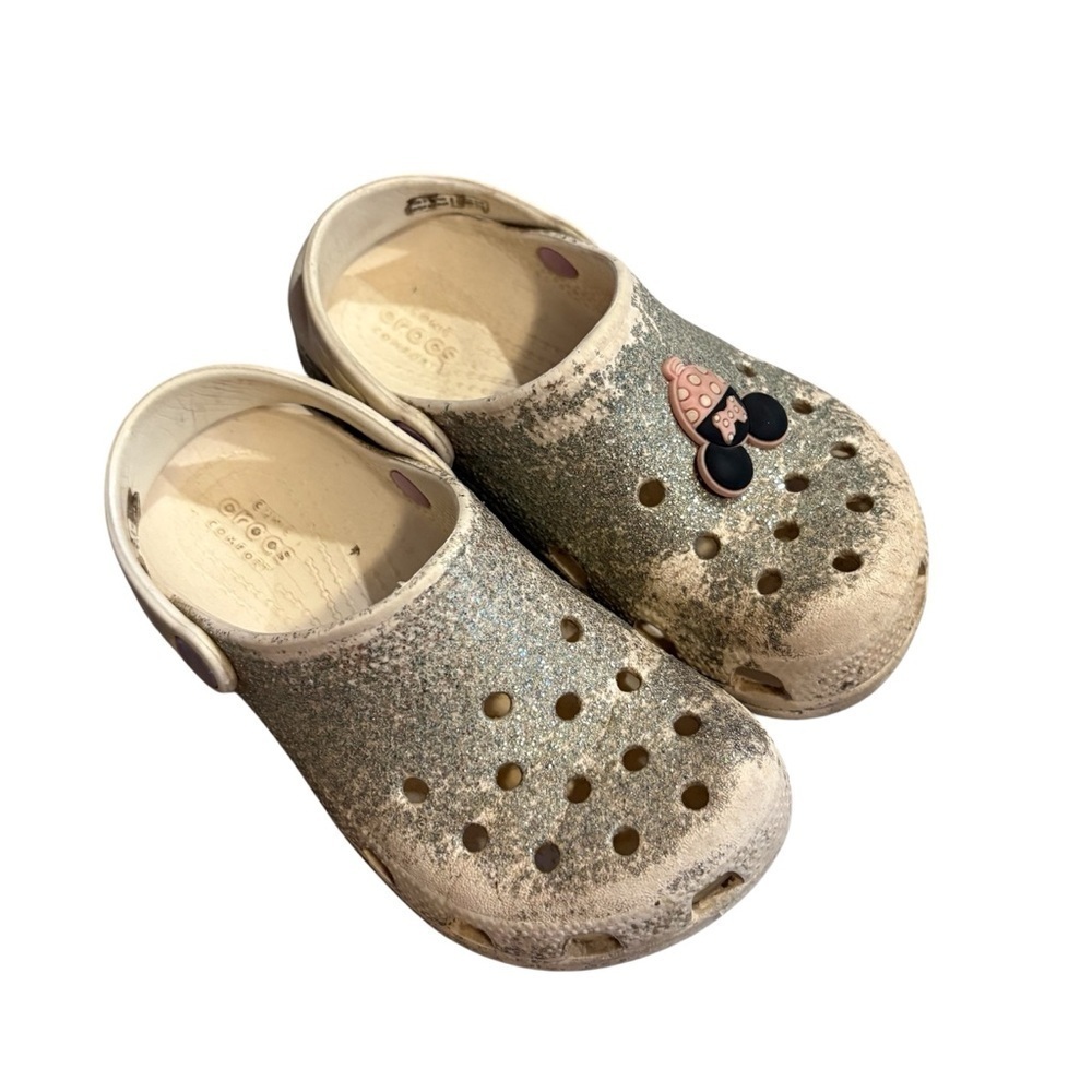 Crocs White Silver Kids Glitter Clogs with Minnie Mouse Charm Sz 12